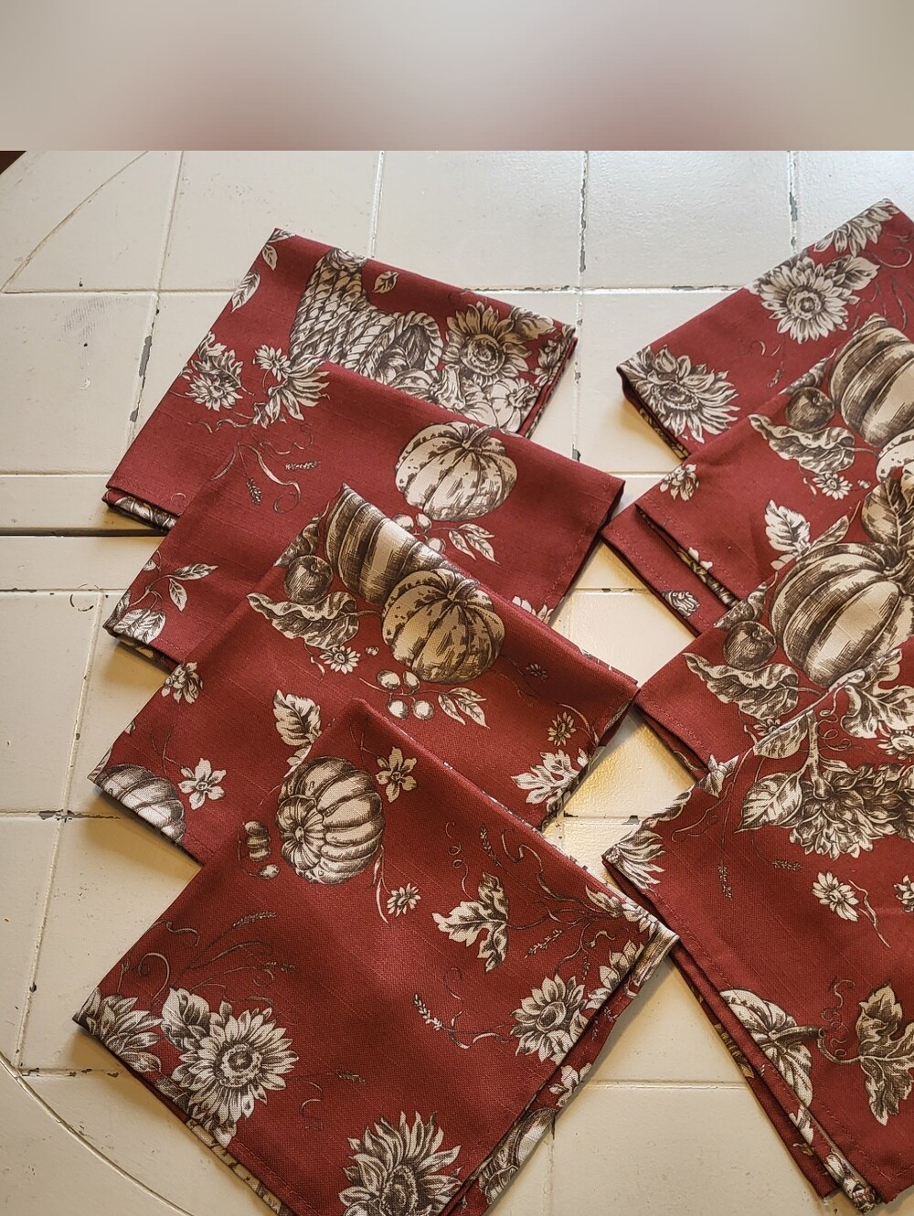 Set of 8 Pumpkin Sunflower 19" x 19" Napkins Fall Autumn Burgundy Cream See Pics